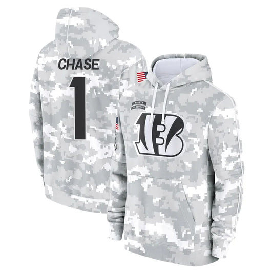C.Bengals #1 Ja'Marr Chase Player Arctic Camo Salute to Service Pullover Hoodie Football Jerseys