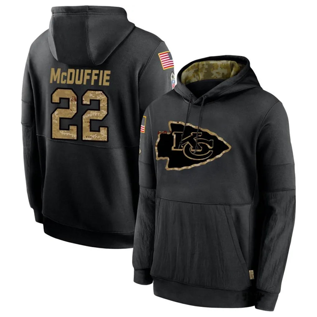 KC.Chiefs #22 Trent McDuffie Player Black Salute to Service Hoodies Football Jerseys